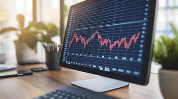 Contemporary office setup with a computer monitor showing stock market data and graphs, hinting at financial analysis and investment activities photo