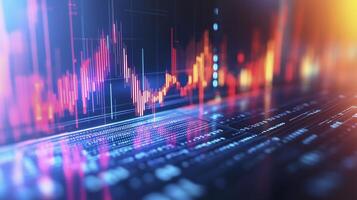 Futuristic stock market backdrop featuring blue and red hues, binary code, and numbers representing successful trading and investment growth photo