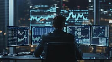 Late-night stock broker analyzing charts and graphs on computer photo