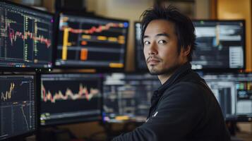 Stock market trader is studying cryptocurrency data on several computer screens and using real-time market trends to guide investment choices photo
