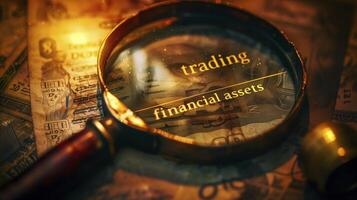 Pile of banknotes with the words trading and financial assets is being magnified by a magnifying glass photo