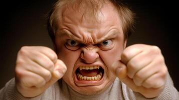 Furious man with clenched fists and bared teeth exudes intense anger, reflecting frustration and tension with a dangerous presence photo