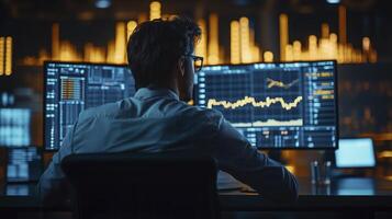 Financial analyst working overtime, examining data on numerous screens in a dimly lit office photo