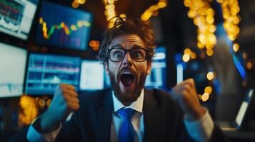 Financial trader successfully celebrates a trade in his office at night, surrounded by multiple computer screens showing stock market charts and data photo