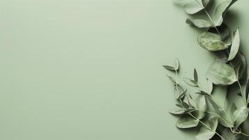 Eucalyptus branches with vibrant green leaves creating a natural border on a matching color background with copy space photo