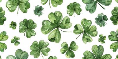 Seamless watercolor pattern featuring green clover leaves on a white background, ideal for saint patrick's day celebrations photo