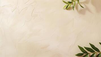 Green leaves on textured plaster wall creating a natural frame with minimal background and space for text photo
