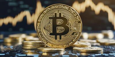 Close-up of a gold bitcoin coin on a circuit board, surrounded by other coins, with a stock market chart in the background photo