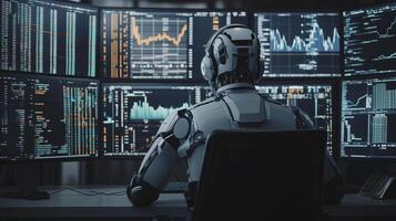 Late-night robot stock trader analyzing data on multiple screens to inform financial decisions photo