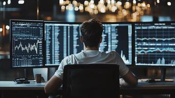 Late-night financial analyst surrounded by multiple monitors, analyzing charts and graphs photo