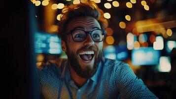 Enthusiastic software developer experiences joy while working late in the office and accomplishing project goals photo