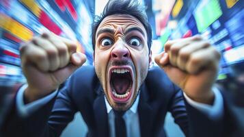 Angry businessman is shouting with his fists clenched in front of a blurred backdrop of financial charts photo