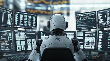 Robot is analyzing stock market data on multiple monitors in an office setting photo