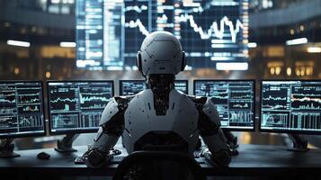 Ai robot stock trader sits at his desk, monitoring multiple screens displaying charts and data photo