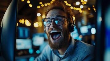 Programmer is having fun working late at night in the office, he is happy and laughing photo