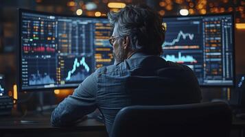 Financial analyst is working late, analyzing stock market data on multiple computer screens in a dark office photo