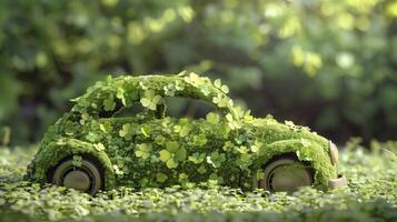 Green car covered in clover and moss is standing in a field, symbolizing ecology and environmental awareness photo