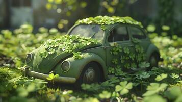 Nature reclaims an abandoned toy car, covered in clovers and shamrocks photo