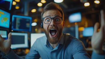Stock trader is sitting at his desk surrounded by monitors showing charts, yelling with excitement photo