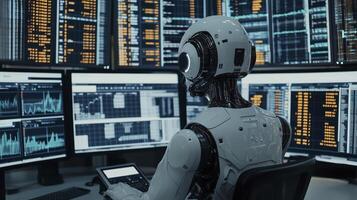 Ai robot data analyst is working late into the night, analyzing data on computer screens photo