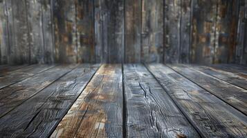 Room with grunge wooden floor and wall background, perfect for product placement photo