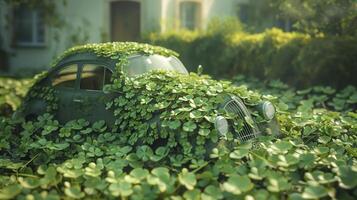 Nature's power an overgrown, rusty car reclaimed by clover plants photo
