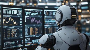 Robot stock trader is using data from multiple monitors and complex algorithms to make investment decisions photo
