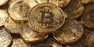 Close-up of shiny gold bitcoin on stack symbolizing financial success and blockchain technology. Shows value and potential of cryptocurrency in modern market photo