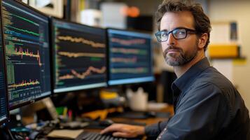 Trader analyzes charts on three screens in a busy office, focusing on stock market details for financial success photo