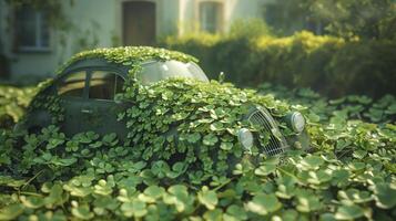 Nature slowly reclaiming an old rusty car, covered in a thick layer of green clover plants photo
