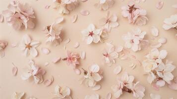 Beautiful spring floral composition with pink peach flowers on beige background, top view, flat lay, minimal concept photo