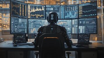 Robot stock trader is processing data from multiple screens in an office after hours photo