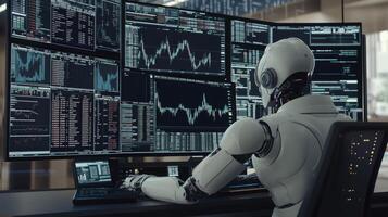 Robot stock trader is using a multi-monitor computer setup to analyze stock market data photo