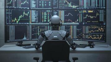 Robot stock trader analyzing real-time data from multiple computer screens, making investment decisions based on algorithms and market trends photo