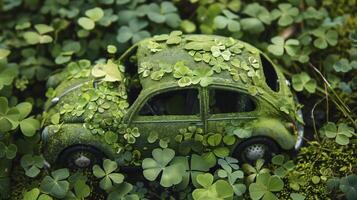 Lucky green toy car covered in shamroocks a symbol of good fortune photo
