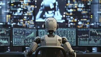 Robot is sitting in front of multiple computer screens, monitoring stock market data and analyzing trends photo
