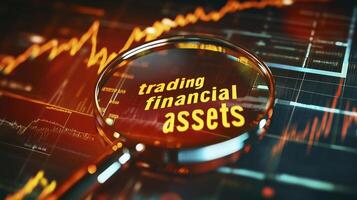 Magnifying glass zooms in on the words trading financial assets on a computer screen, with charts in the background photo