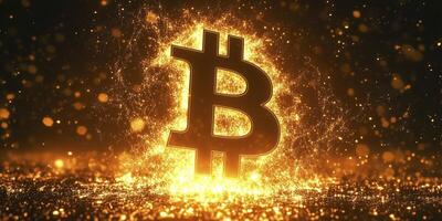 Mesmerizing bitcoin symbol bursts into golden particles on a black background, symbolizing finance and technology. Perfect for concepts related to cryptocurrency and blockchain photo