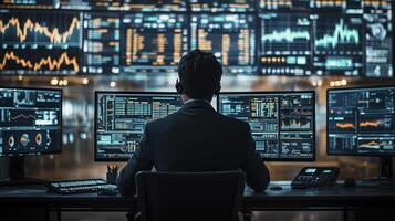 Late-night financial analyst wearing a headset surrounded by multiple computer screens filled with financial data photo