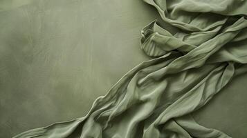 Soft and delicate green fabric flowing on a textured surface, creating an elegant background with ample copy space photo