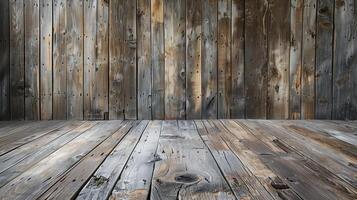 Spacious room with aged wooden floor and wall, offering plenty of space for text photo