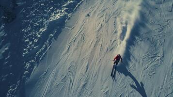Aerial shot of a skier racing down a flawlessly groomed slope at a ski resort photo