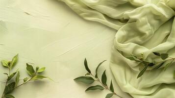 Green textile background with eucalyptus branches and space for branding, packaging, or mockups photo