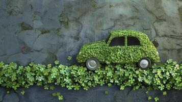 Green car covered by clovers is driving on a strip of clovers on a stone wall background, ideal for ecologic and sustainable projects photo