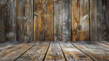 Wooden room with rough plank wall for product display photo
