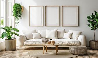 Simple and cozy living room interior with a white sofa and three empty frames on the wall, showcasing minimalist design photo