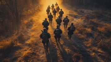 Soldiers marching through a dusty desert as the sun sets in the background photo