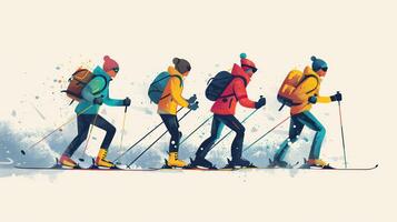 Team of hikers embarks on a ski touring adventure, equipped with backpacks and ski poles, on a snowy mountain photo