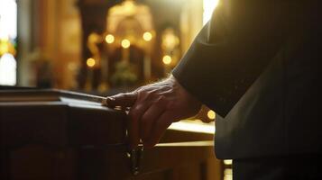 Businessman paying his respects with a hand resting on a coffin in a church photo