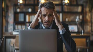 Businessman grimaces in pain as he works on a laptop in the office, clutching his head in discomfort photo